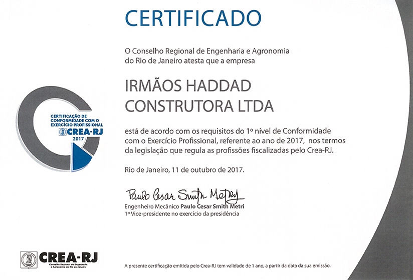 Certificação de 1º nível de Conformidade com o Exercício Profissional emitido pelo CREA-RJ